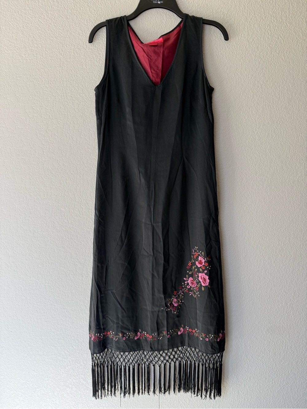 Vintage 100% Silk Monsoon Whimsigoth Black Midi Dress Embroidery & Fringe- Small
